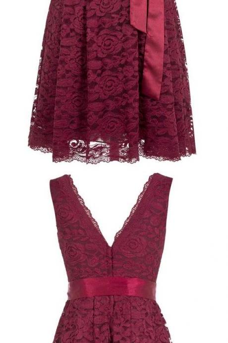Cute A-line V-neck Short Knee Length Burgundy Lace Bridesmaid Dress M4875