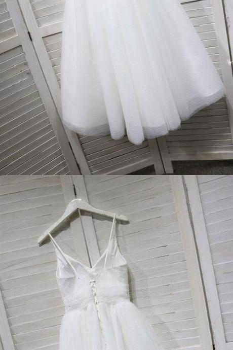 White V Neck Tulle Lace Tea Length Prom Dress, White Bridesmaid Dress M4950