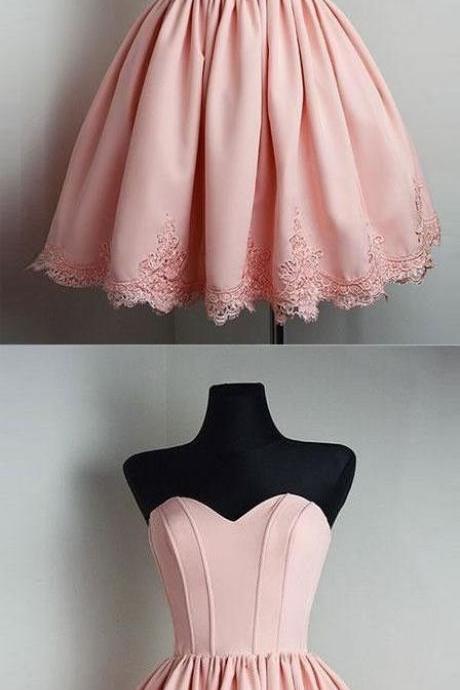 Short Satin Sweetheart Homecoming Dresses Lace Appliques Prom Gowns M4964
