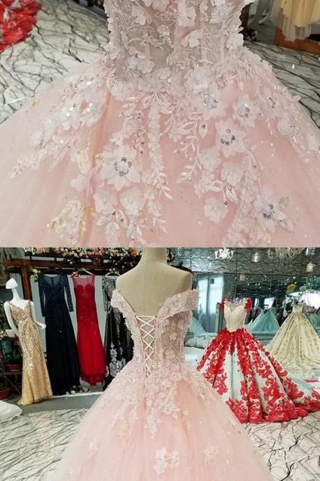 Blush Pink Flowers Tulle Off Shoulder Quinceanera Dresses Ball Gowns M4968