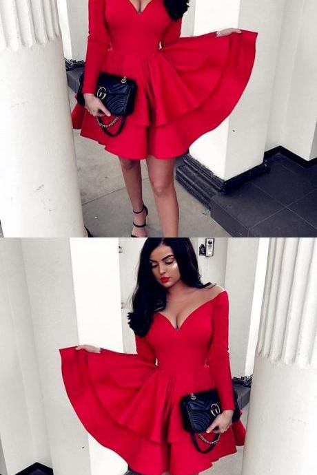 A-Line Deep V-Neck Long Sleeves Red Short Homecoming Dress M4987