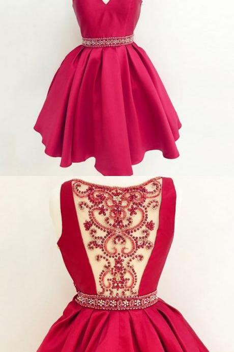 A-Line V-Neck Beaded Red Satin Short Homecoming Dress M4990