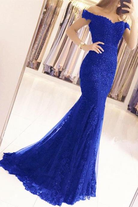 Elegant Pearl Beaded Lace Mermaid Evening Dresses Off The Shoulder Prom Gowns M5004