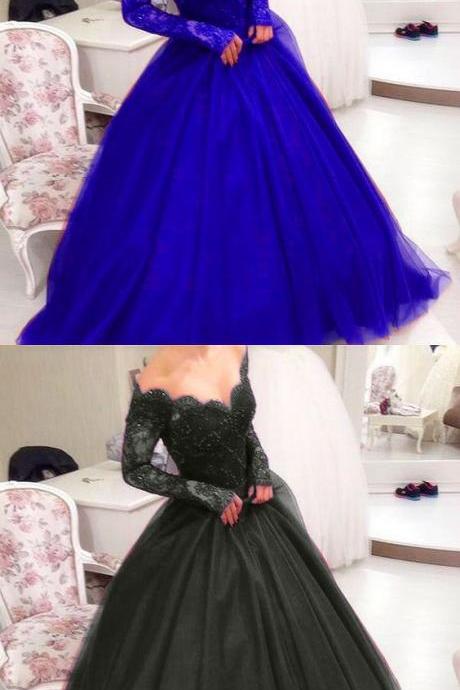 Illusion Scoop Neckline Lace Long Sleeves Ball Gowns Prom Dresses M5081
