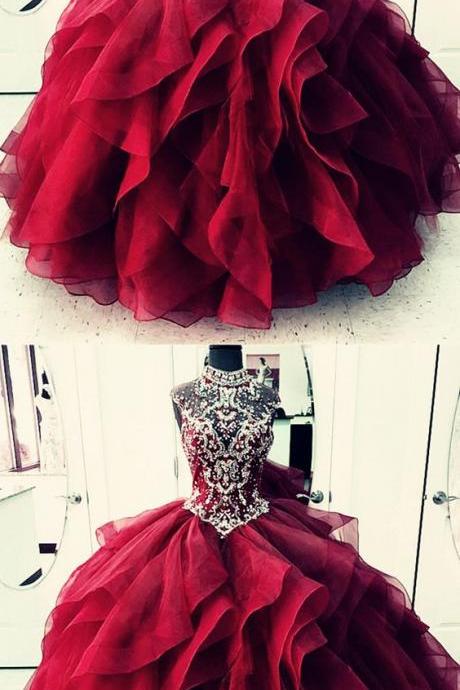 High Neck Crystal Beaded Bodice Corset Organza Layered Quinceanera Dresses Ball Gowns 2018 M5101