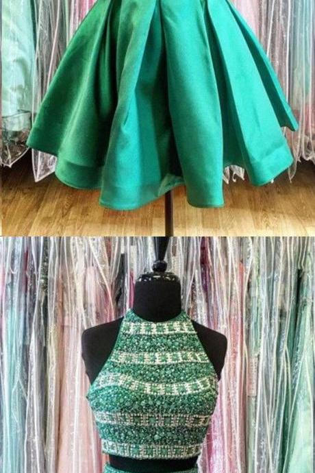  Two Piece Homecoming Dresses Hunter Green Sparkly Short Prom Dress Party Dress M5108
