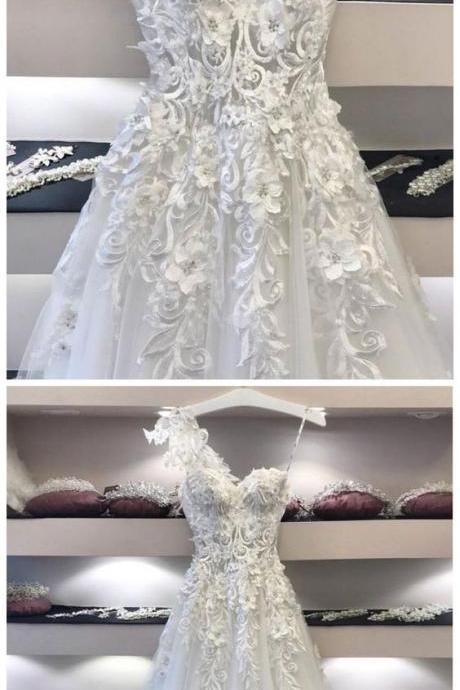 White Sweetheart Neck Lace Applique Long Prom Dress, White Evening Dress M5152