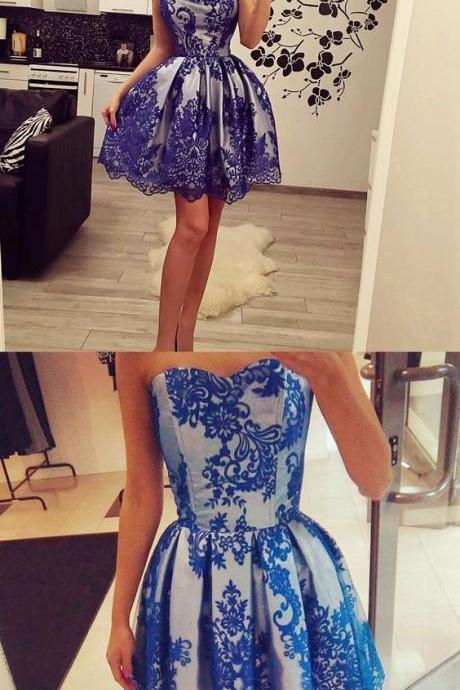 A-line Sweetheart Royal Blue Homecoming Dress With Lace M5212