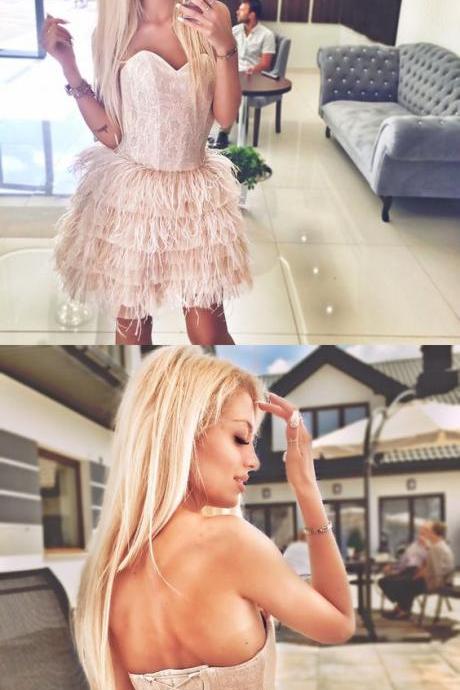 A-line Sweetheart Pink Homecoming Dress With Feathers Lace M5216