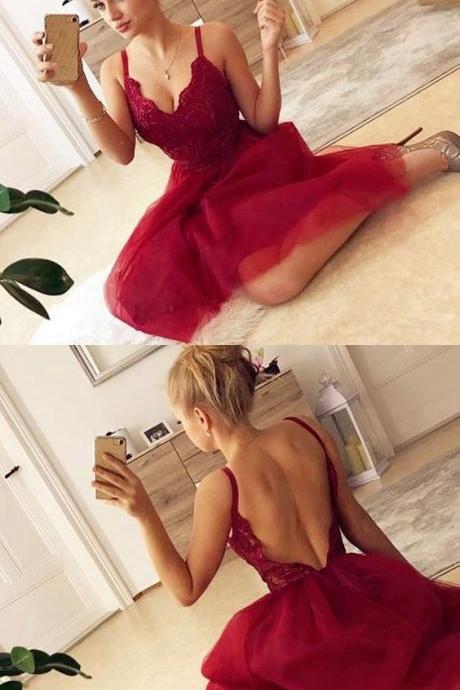 A-line Spaghetti Straps Backless Burgundy Homecoming Dress With Lace M5217