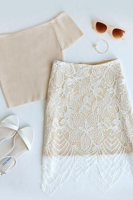 Fashionably Late Beige And Ivory Lace Skirt M5229