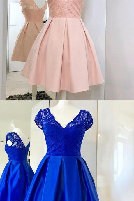 A-line V-neck Short Sleeves Pink Homecoming Dress With Lace M5239