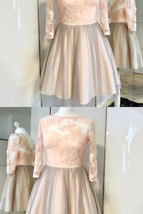A-line Bateau Long Sleeves Pink Tulle Homecoming Dress With Appliques M5240