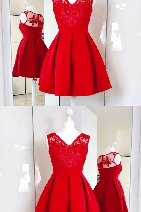 A-line V-neck Red Satin Short Homecoming Dress With Lace M5245