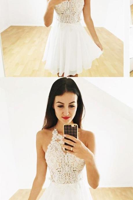 A-line Halter Backless White Chiffon Homecoming Dress With Lace M5252
