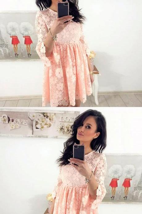 A-line Round Neck 3/4 Sleeves Pink Lace Homecoming Dress M5255