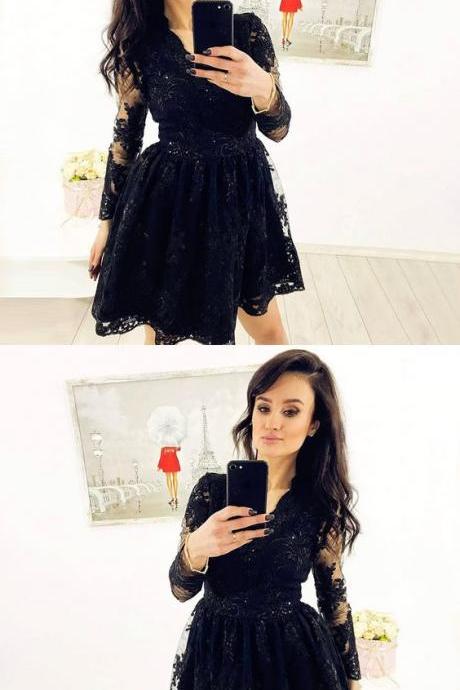 A-line V-neck Long Sleeves Black Short Homecoming Dress With Lace M5256