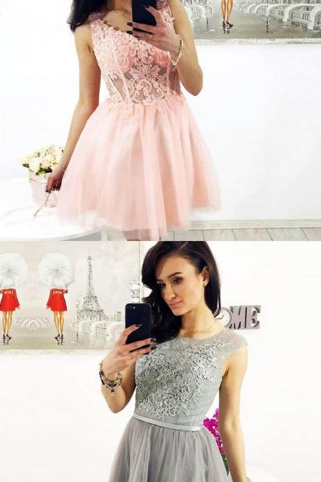 A-line Round Neck Pink Tulle Short Homecoming Dress With Lace M5259