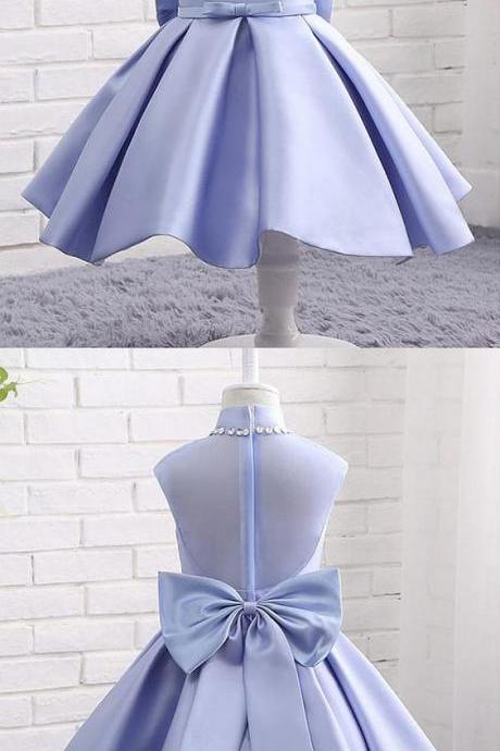 In Stock Modern Organza & Satin High Collar Neckline Ball Gown Flower Girl Dresses With Bowknot & Beadings M5340