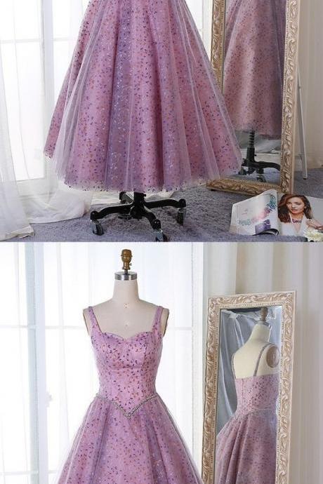 A-line Straps Mid-calf Lavender Tulle Prom Dress With Lace Beading M5366