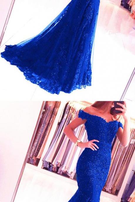 Elegant Pearl Beaded Lace Mermaid Evening Dresses Off The Shoulder Prom Gowns M5371