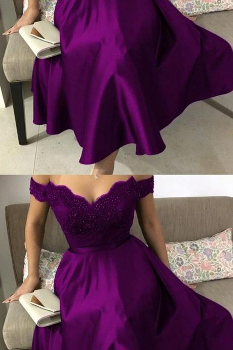  Beaded Lace V-neck Off The Shoulder Bridesmaid Dresses Tea Length Party Gowns M5431
