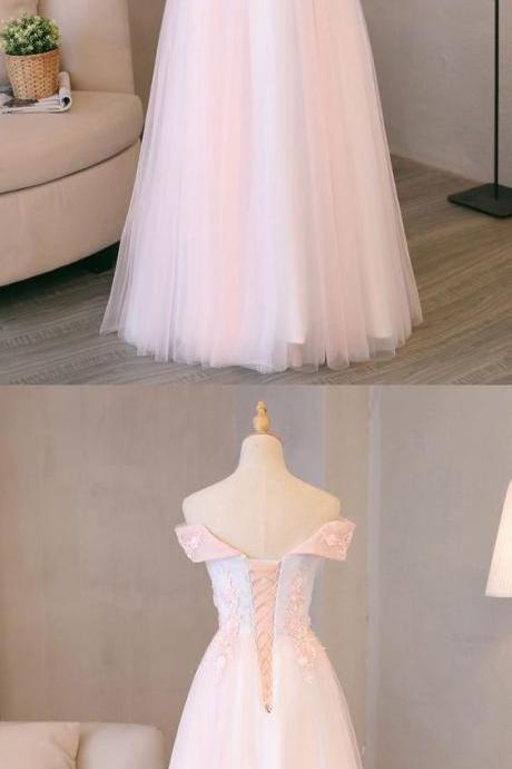 Pretty Pink Tulle Long Prom Dress Lace With Off Shoulder M5450