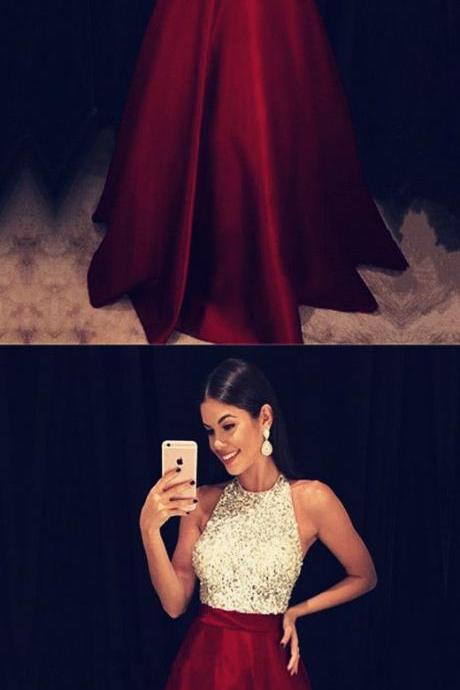 Sparkly Sequins Beaded Halter Long Satin Prom Dresses Burgundy Evening Gowns M5479