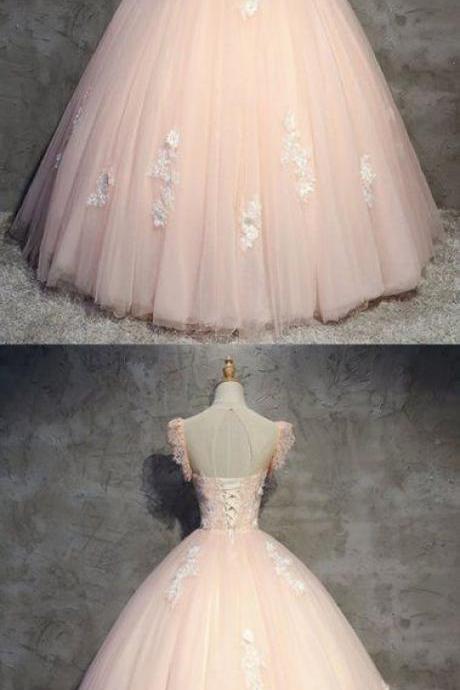 Princess Pink Tulle O Neck Long Formal Prom Dress, Long Lace Evening Dress With Sleeves M5484