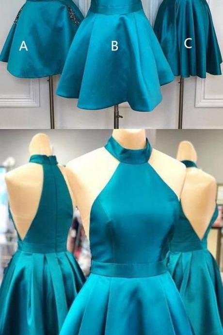 A-line Halter Sleeveless Turquoise Short Homecoming Dress With Ruffles M5511
