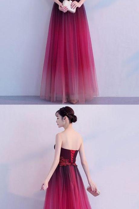 Simple Tulle Burgundy Long Prom Dress, Tulle Bridesmaid Dress M5517