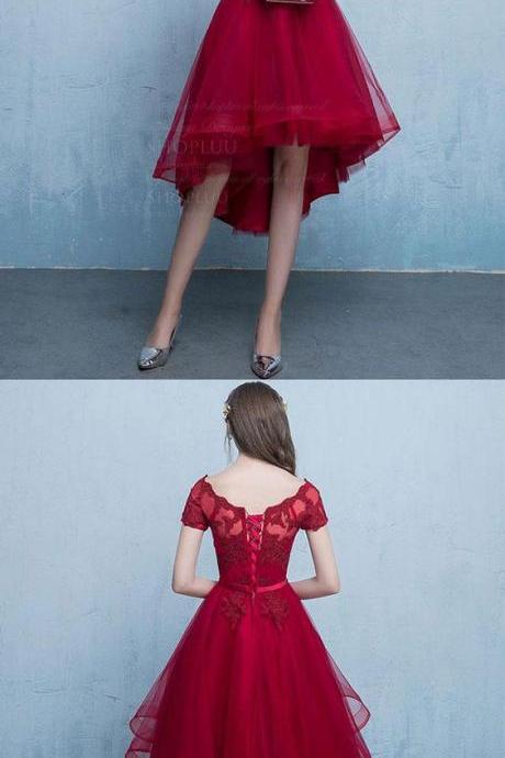 Burgundy Tulle Lace Short Prom Dress, Burgundy Homecoming Dress M5518