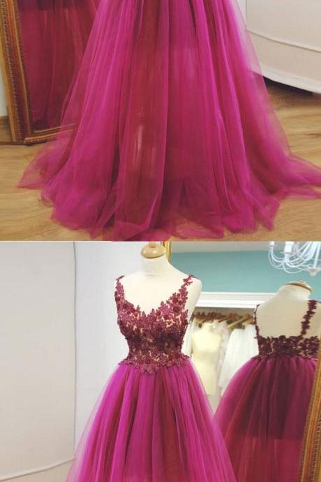2018 Chic A-line V Neck Prom Dresses Fuchsia Prom Dress Evening Dresses M5538