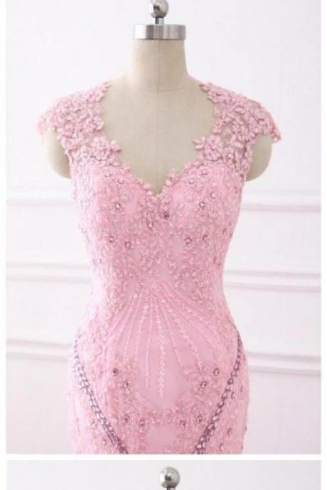 2018 Chic Trumpet/mermaid Pink Prom Dresses With Lace Beading Prom Dress Evening Dresses M5539
