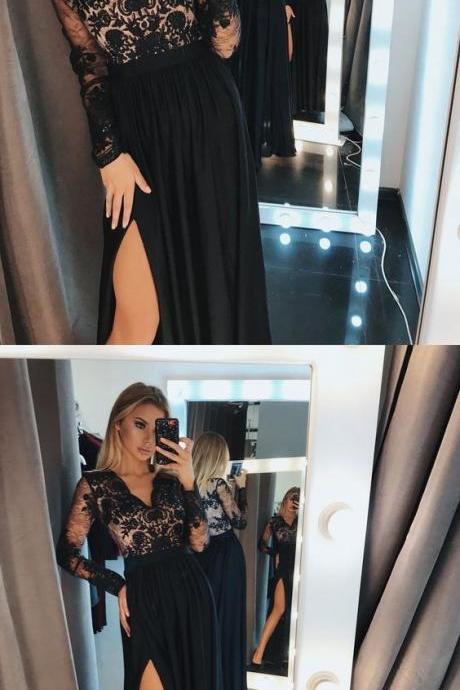 A-line V-neck Long Sleeves Black Chiffon Evening Prom Dress With Lace M5587