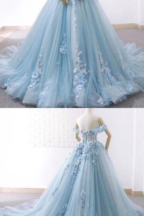 Blue Sweetheart Tulle Lace Long Prom Dress, Blue Wedding Dress M5591