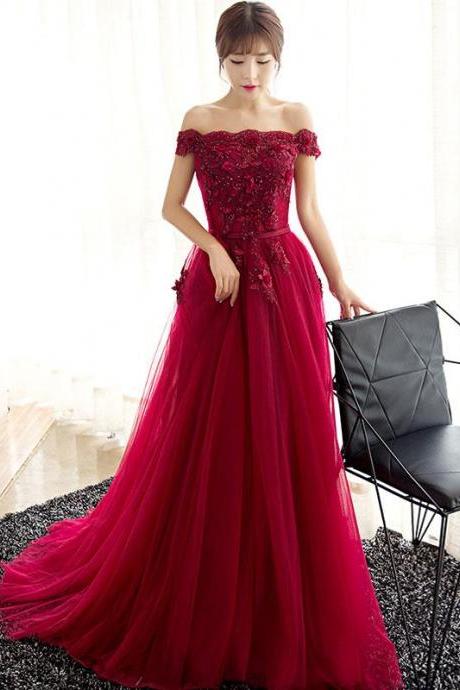 Burgundy Tulle Lace Long Prom Dress, Burgundy Tulle Evening Dress M5592