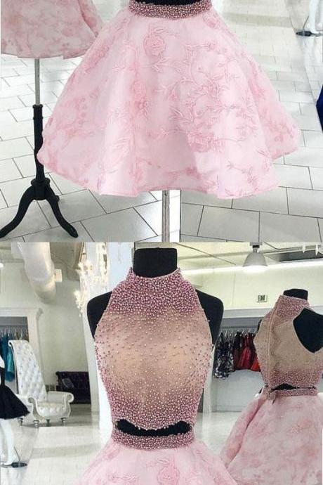 Chic Two Pieces A-line High Neck Homecoming Dresses Ombre Short Prom Dress Beaded Homecoming Dresses M5609