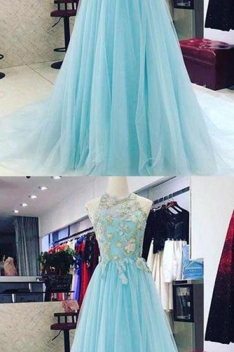 Chic A-line Scoop Blue Prom Dresses Unique Long Prom Dress Evening Dresses M5612