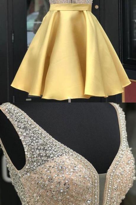 Yellow V Neck Sequin Short Prom Dress, Yellow Homecoming Dress M5621