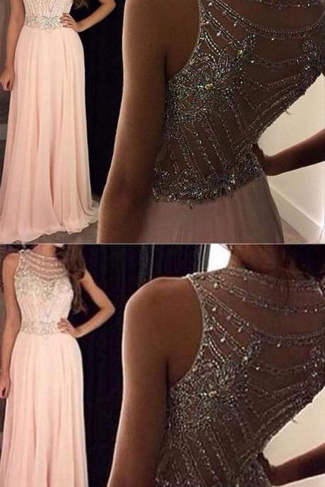 Sexy Brand- See Through Evening Party Prom Dresses, Blush Pink Prom Dress, Beaded Prom Dress, Sexy Evening Prom Dresses M5644