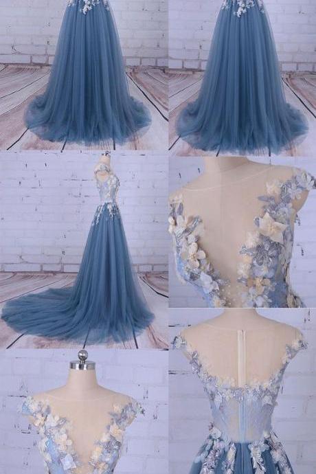 Prom Dress,sexy Prom Dresses,long Party Prom Dress,beaded Prom Dress,ball Gown Blue Lace Prom Dresses M5648