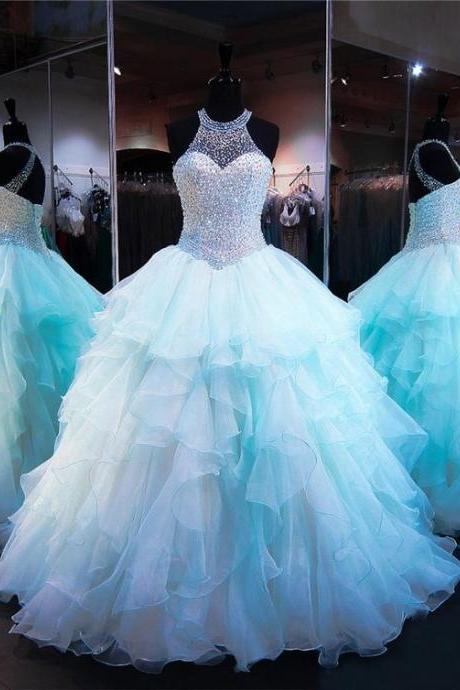 Ball Gown Halter Light Aqua Organza Ruffle Beaded Quinceanera Prom Dress M5652