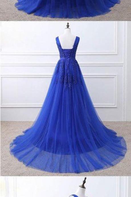 Blue V Neck Tulle Lace Long Prom Dress, Blue Evening Dress M5683