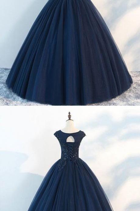 Dark Blue Round Neck Tulle Lace Long Prom Dress, Blue Tulle Lace Evening M5685