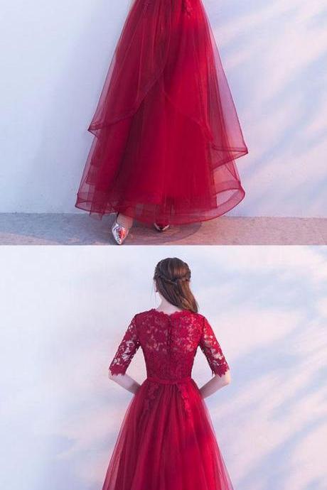 Burgundy Tulle Lace Long Prom Dress, Burgundy Tulle Evening Dress M5700