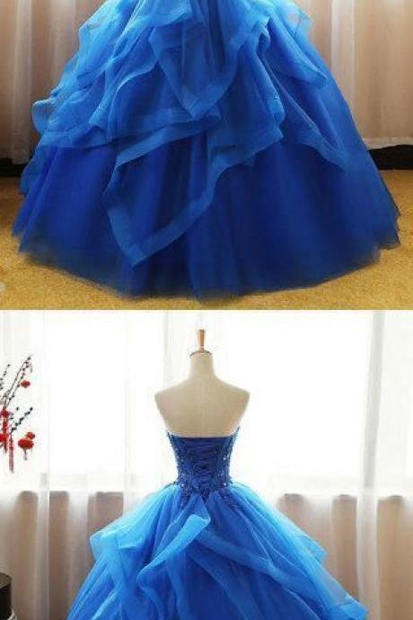 Royal Blue Strapless Organza Long Prom Gown With Waist Beading M5708