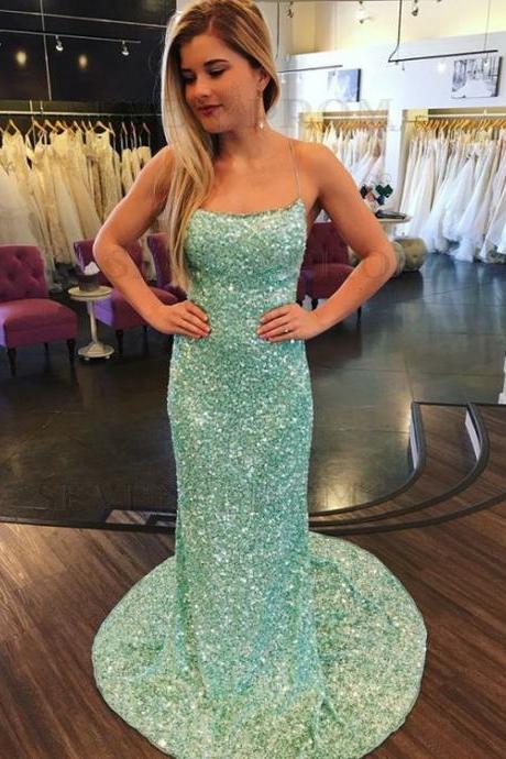 Mermaid Spaghetti Straps Long Mint Sequined Prom Dress M5716