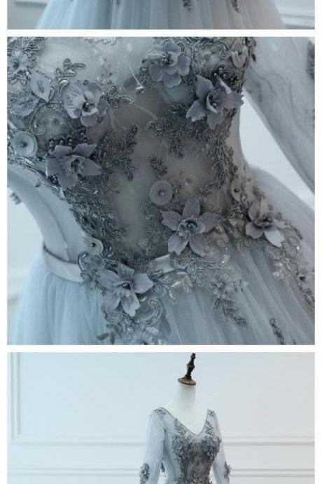 Chic A-line V Neck Silver Long Sleeve Prom Dresses Modest Applique Prom Dress Evening Dresses M5720