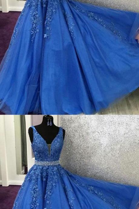 V Neck Royal Blue Lace Graduation Senior Prom Dresses Long With Beading Belt M5731